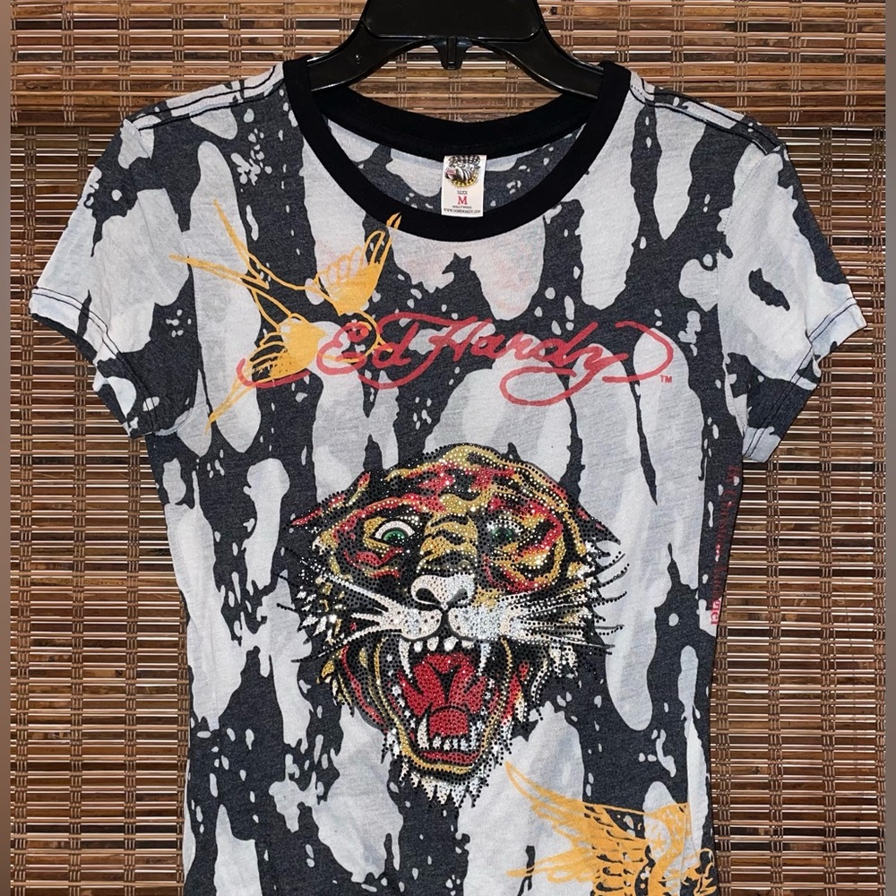 Ed Hardy Rhinestone Tiger Print T-Shirt